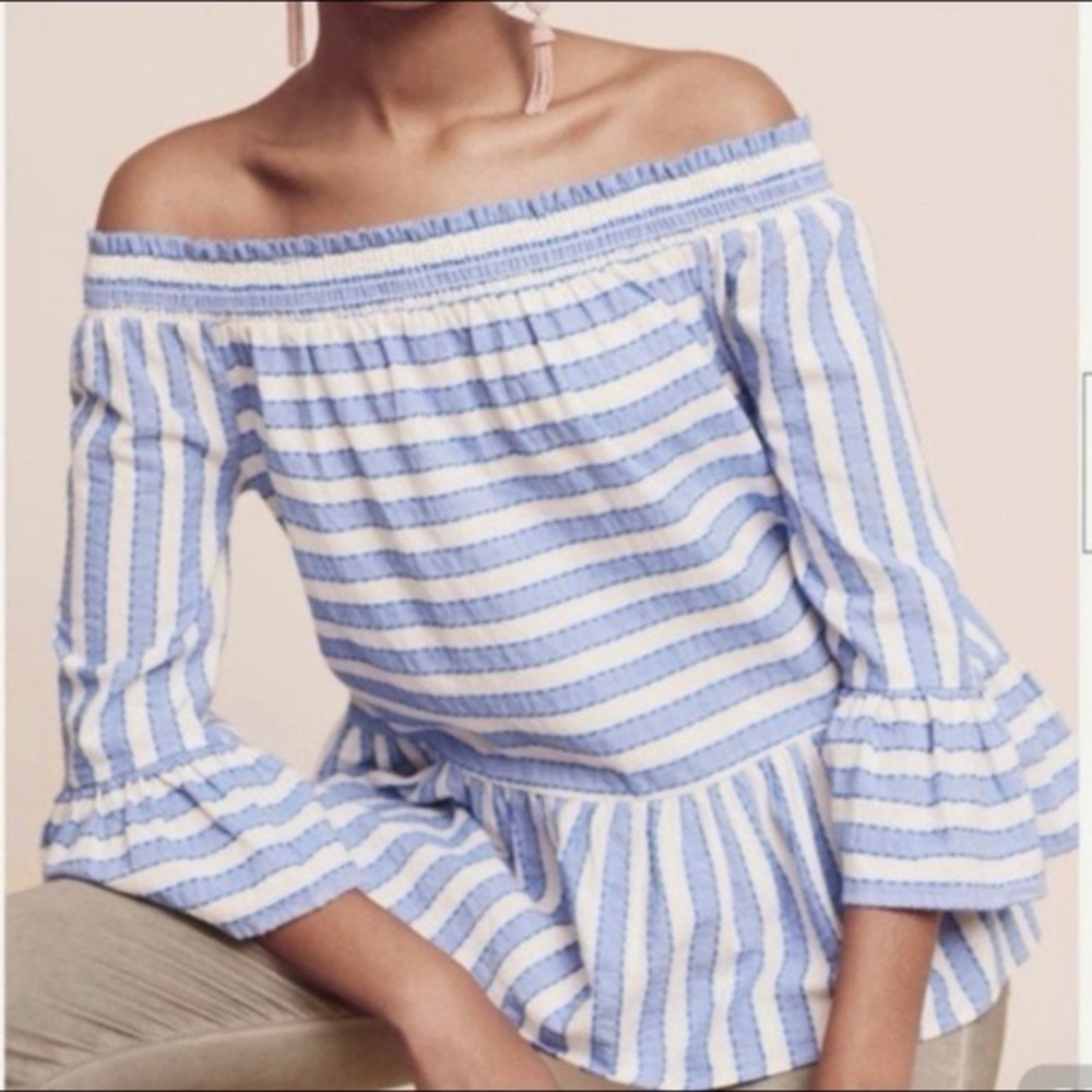 Anthropologie Maeve Seersucker Striped Off-shoulder Peplum blouse Cotton S